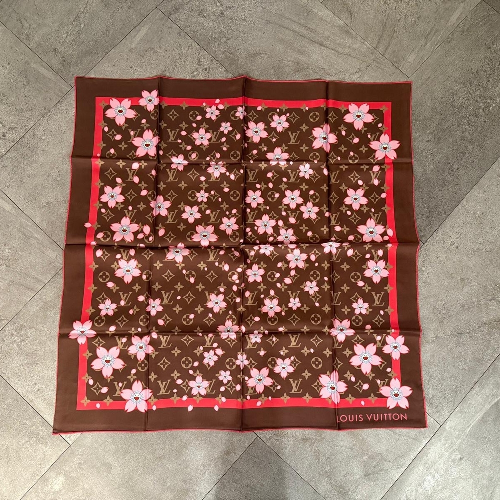 Louis Vuitton x Takashi Murakami Cherry Blossom Silk Scarf Brown Pink Monogram